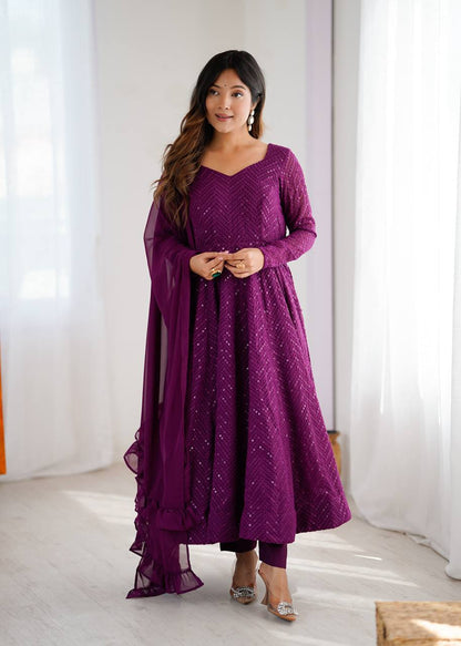 Wine Georgette Lukhnowi Sequence Work Anarkali Salwar Suit