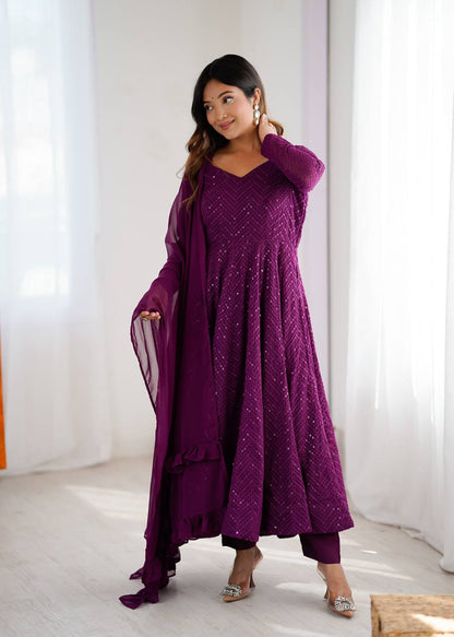 Wine Georgette Lukhnowi Sequence Work Anarkali Salwar Suit