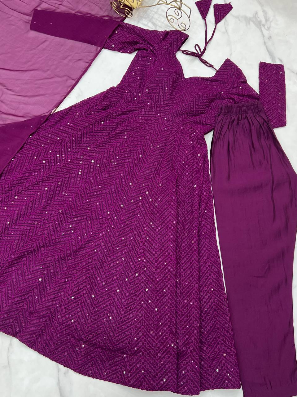 Wine Georgette Lukhnowi Sequence Work Anarkali Salwar Suit