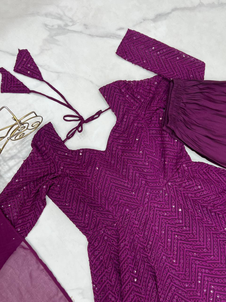 Wine Georgette Lukhnowi Sequence Work Anarkali Salwar Suit