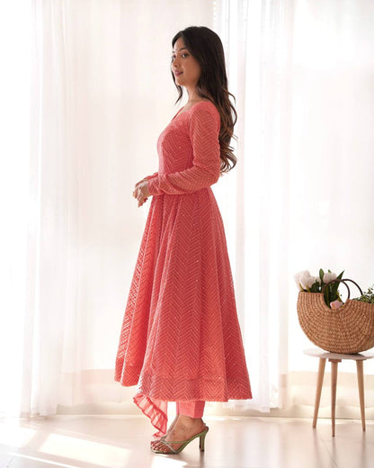 Peach Georgette Lukhnowi Sequence Work Anarkali Salwar Suit