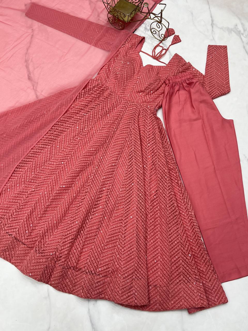 Peach Georgette Lukhnowi Sequence Work Anarkali Salwar Suit