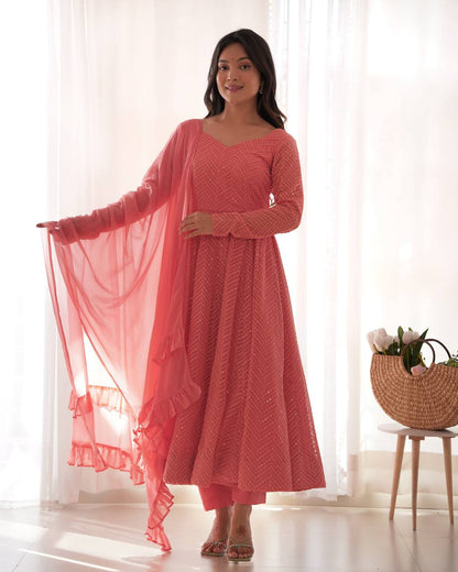 Peach Georgette Lukhnowi Sequence Work Anarkali Salwar Suit