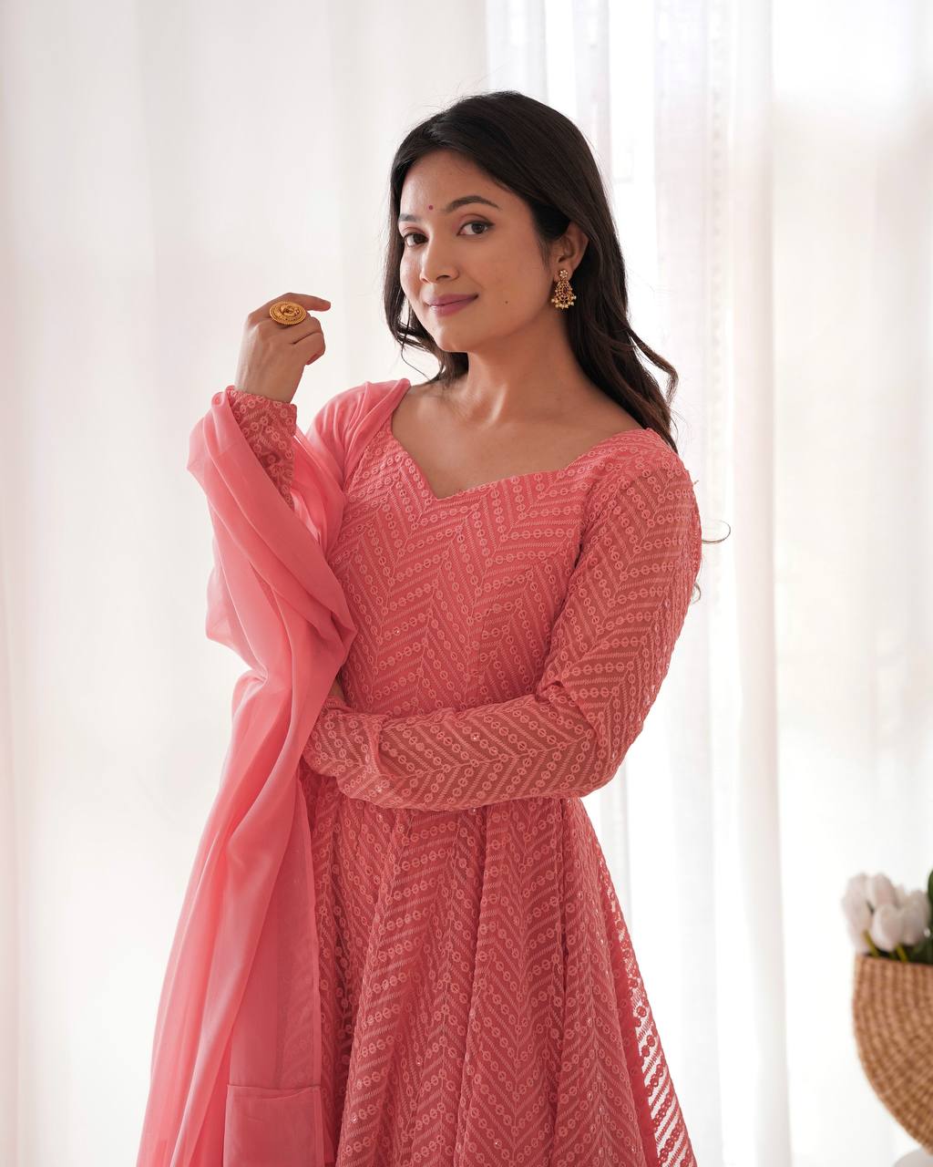 Peach Georgette Lukhnowi Sequence Work Anarkali Salwar Suit