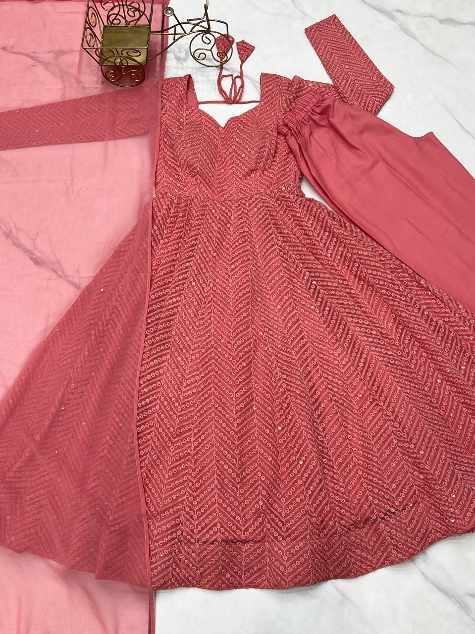 Peach Georgette Lukhnowi Sequence Work Anarkali Salwar Suit