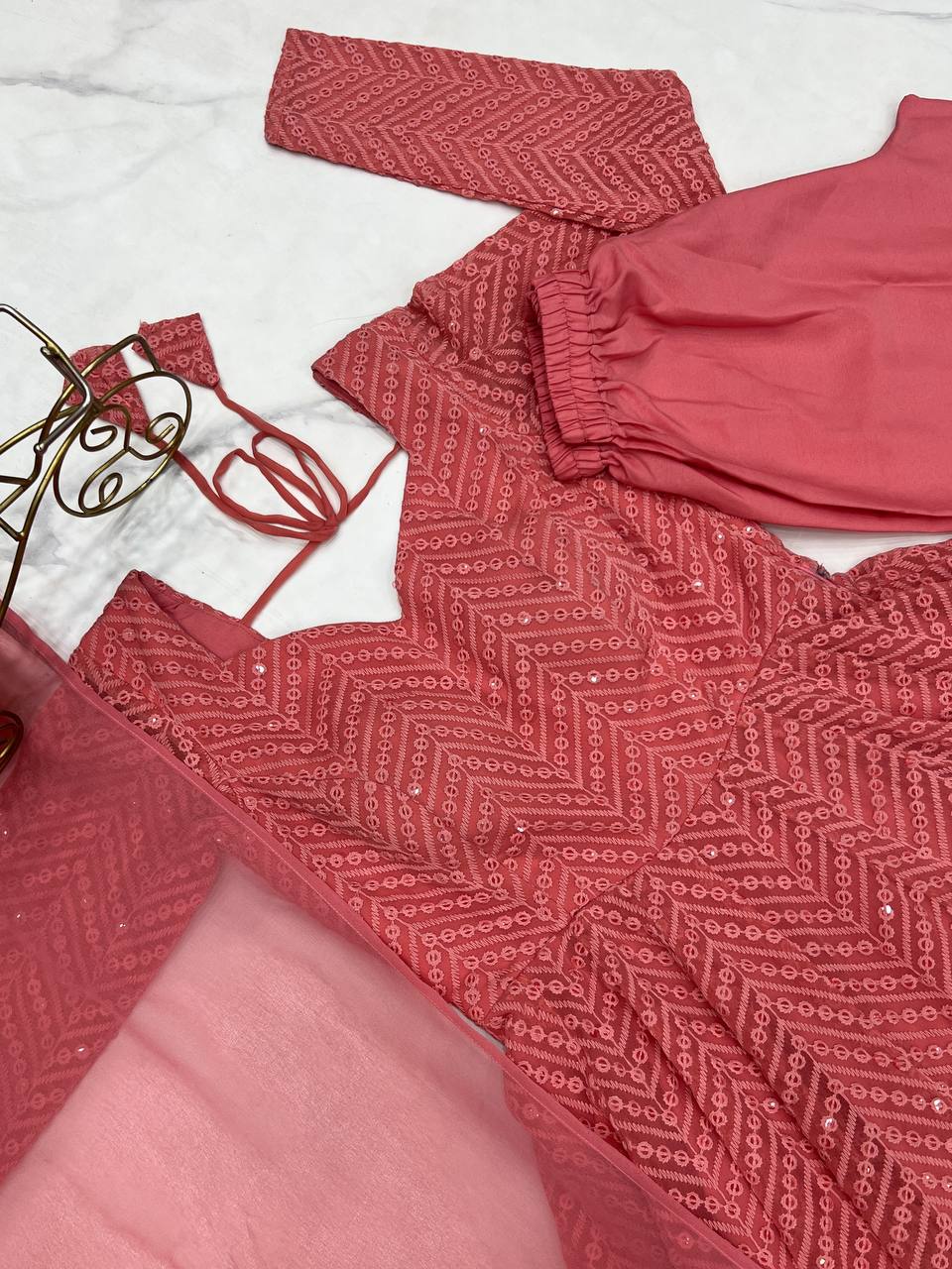 Peach Georgette Lukhnowi Sequence Work Anarkali Salwar Suit