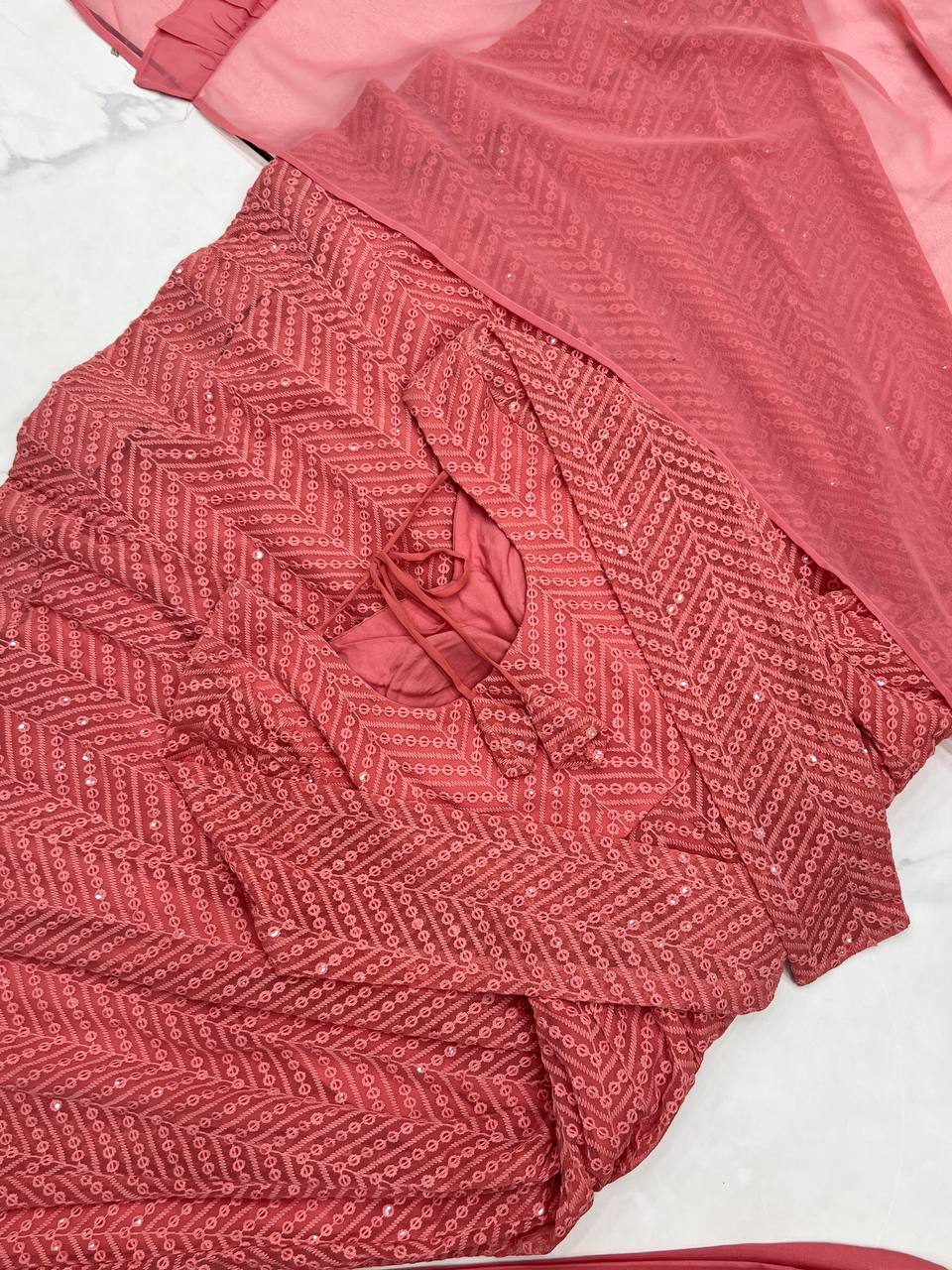 Peach Georgette Lukhnowi Sequence Work Anarkali Salwar Suit