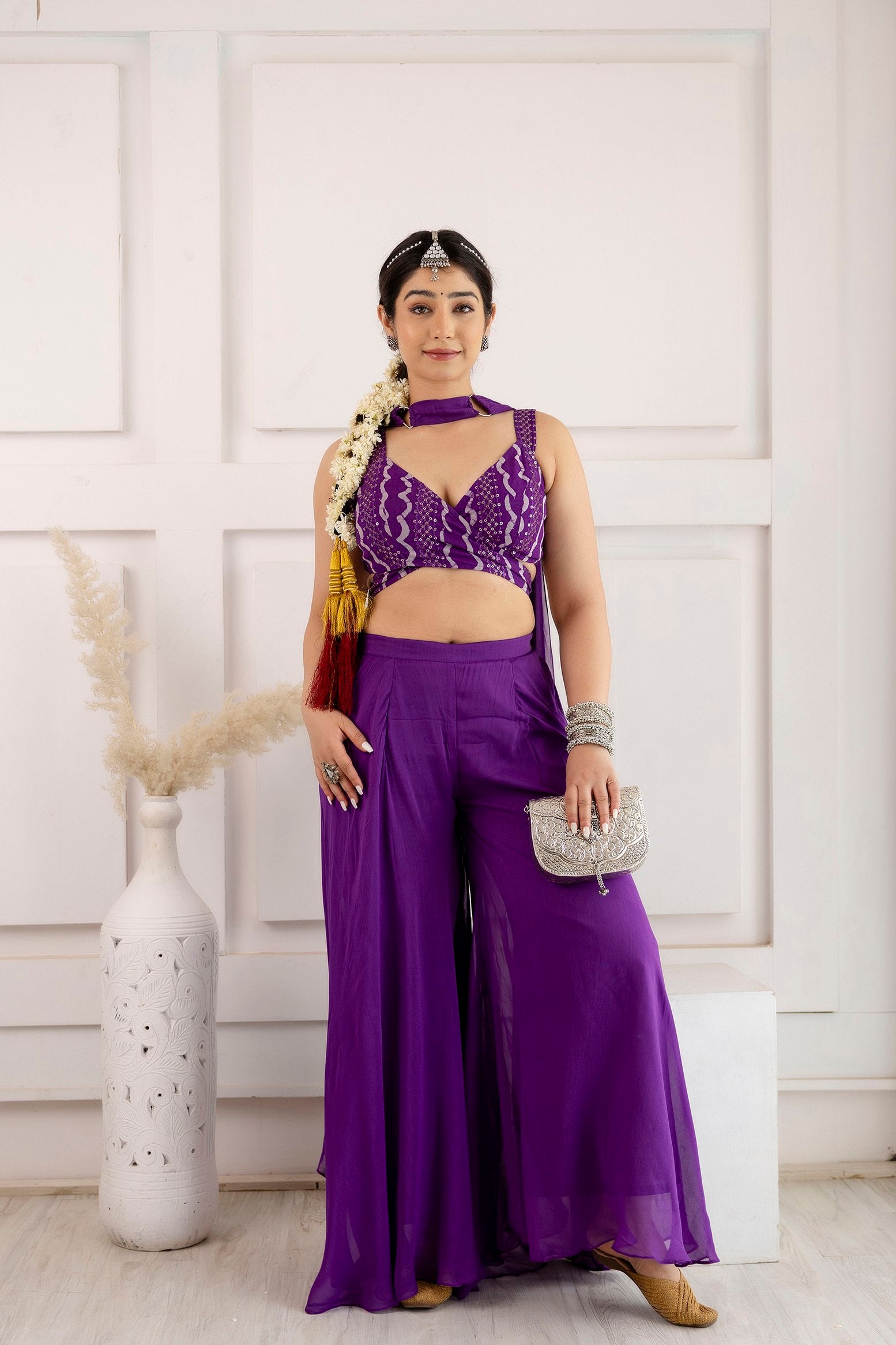Purple Tie Viscose Indo-Western Set featuring a printed choli with embroidery and sequence work by The Beauty Queen