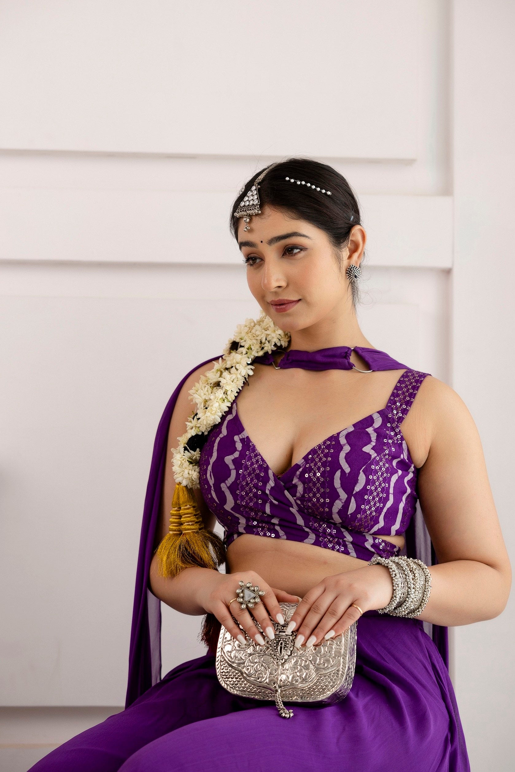 Purple Tie Viscose Indo-Western Set with Embroidery, Sequence Work & Printed Choli
