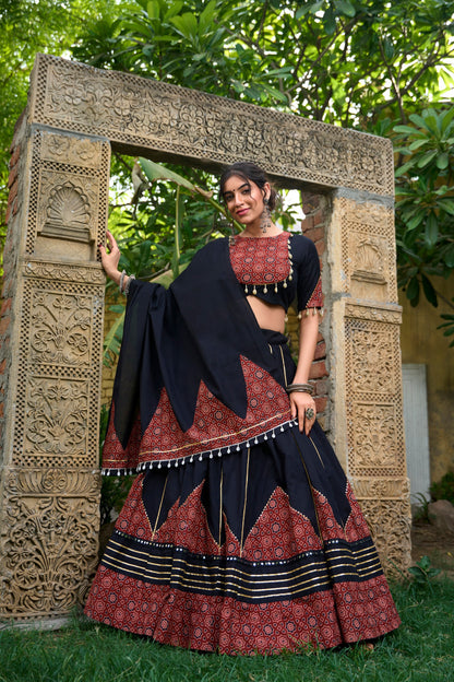 Black Pure Cotton Plain With Printed And Paper Mirror Work Navaratri Lehenga Choli