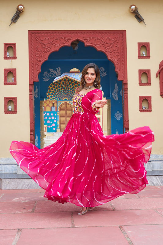 Pink Laheriya Print With Kutchi Patchework Navratri Special Gown