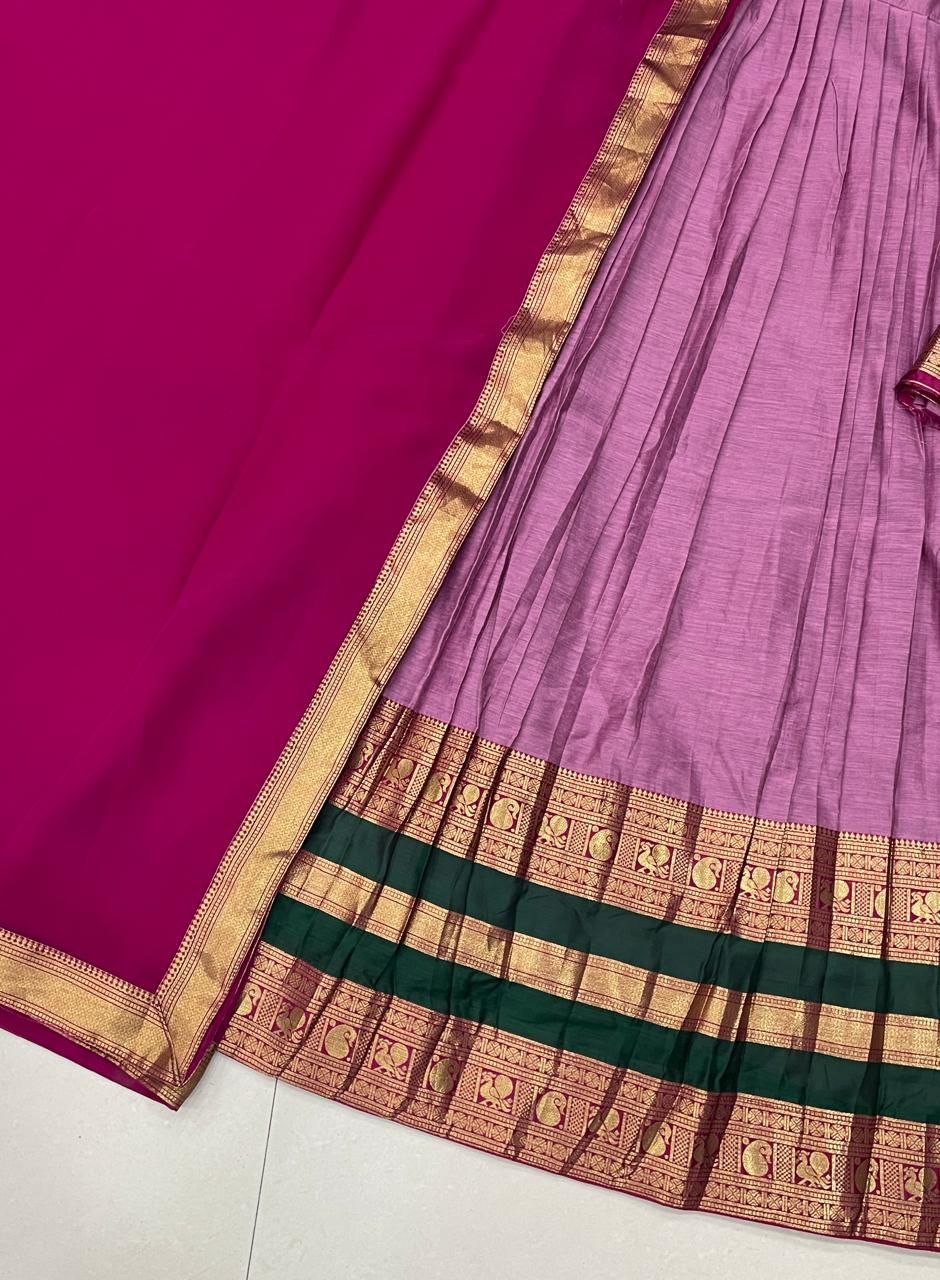 Lilac & Pink Kanjivaram Silk Zari Weaving Work Half Saree Langa Voni Set