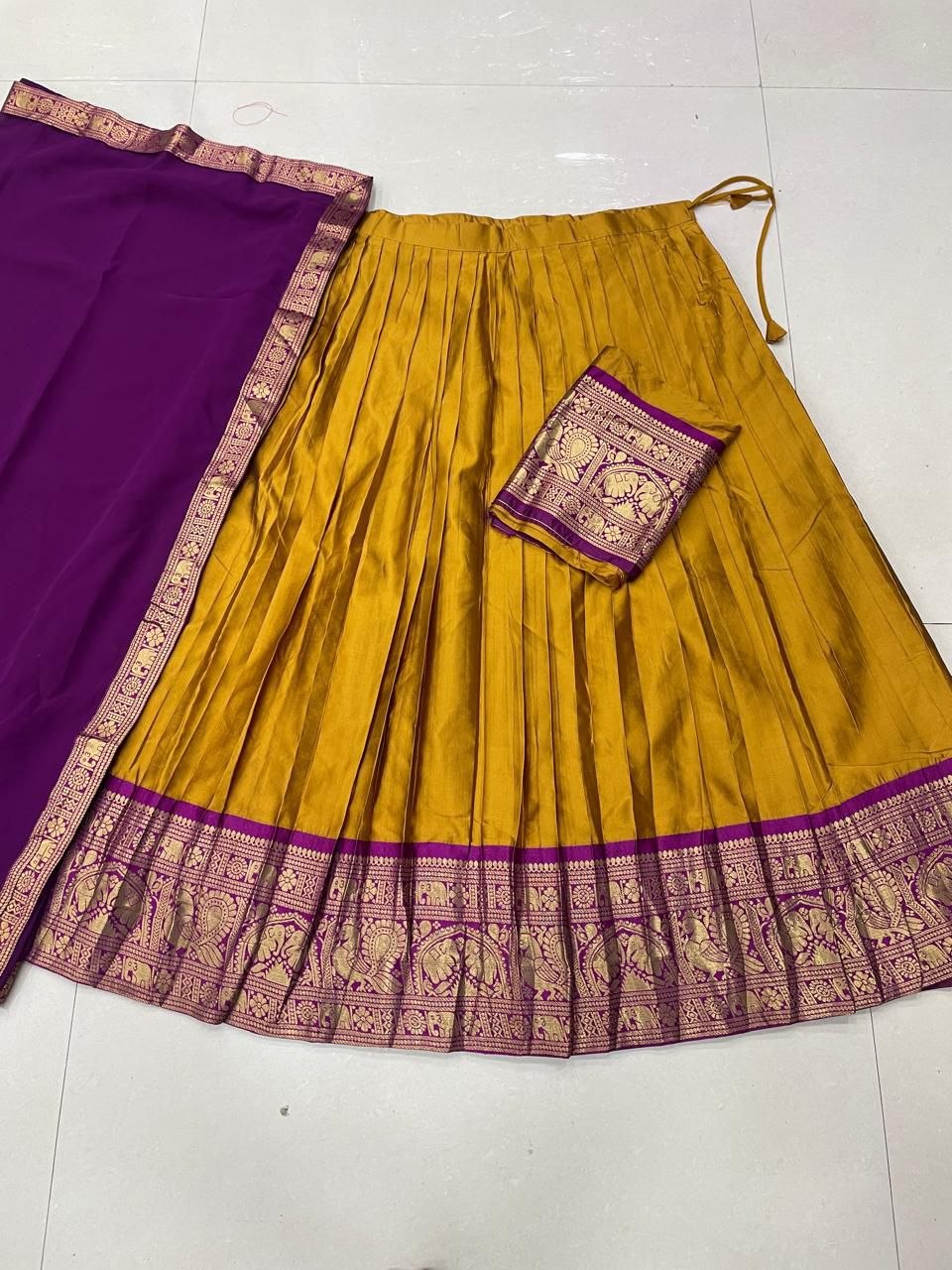 Mustard Yellow & Purple Kanjivaram Silk Zari Weaving Work Half Saree Langa Voni Set