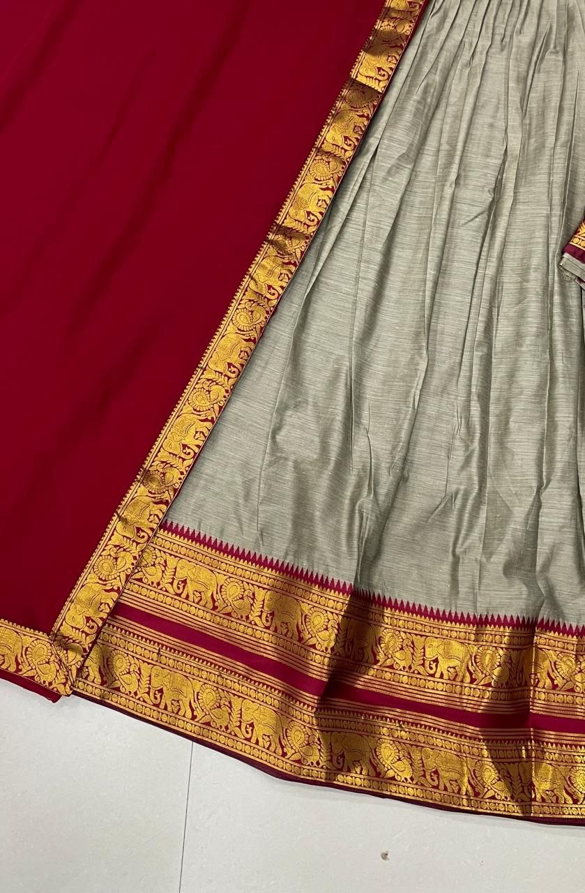 Grey & Maroon Kanjivaram Silk Zari Weaving Work Half Saree Langa Voni Set