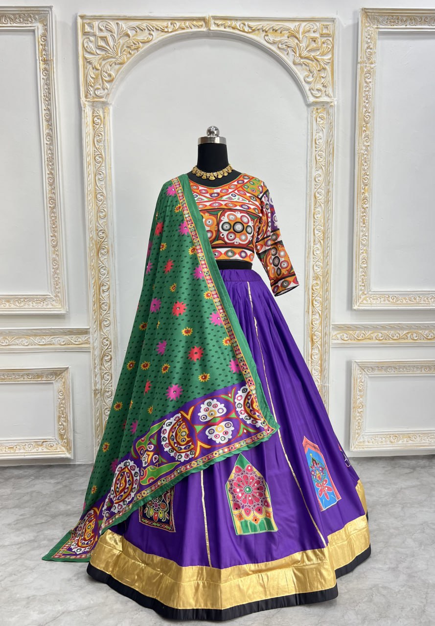 Purple Color Fancy Digital Print Real Mirror Work Navaratri Lehenga Choli