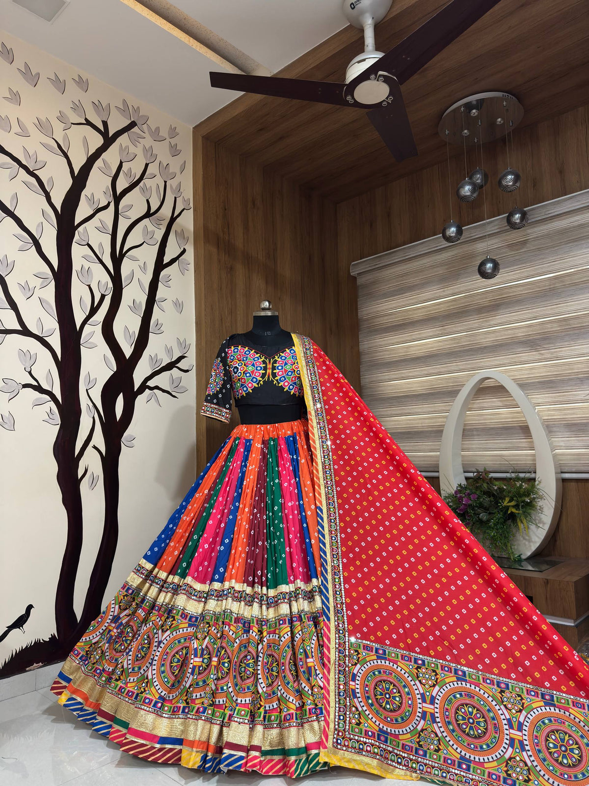 Multi-Color Panel Heavy Muslin Cotton Beautiful Digital Print & Real Mirror Work Navratri Chaniya Choli Set