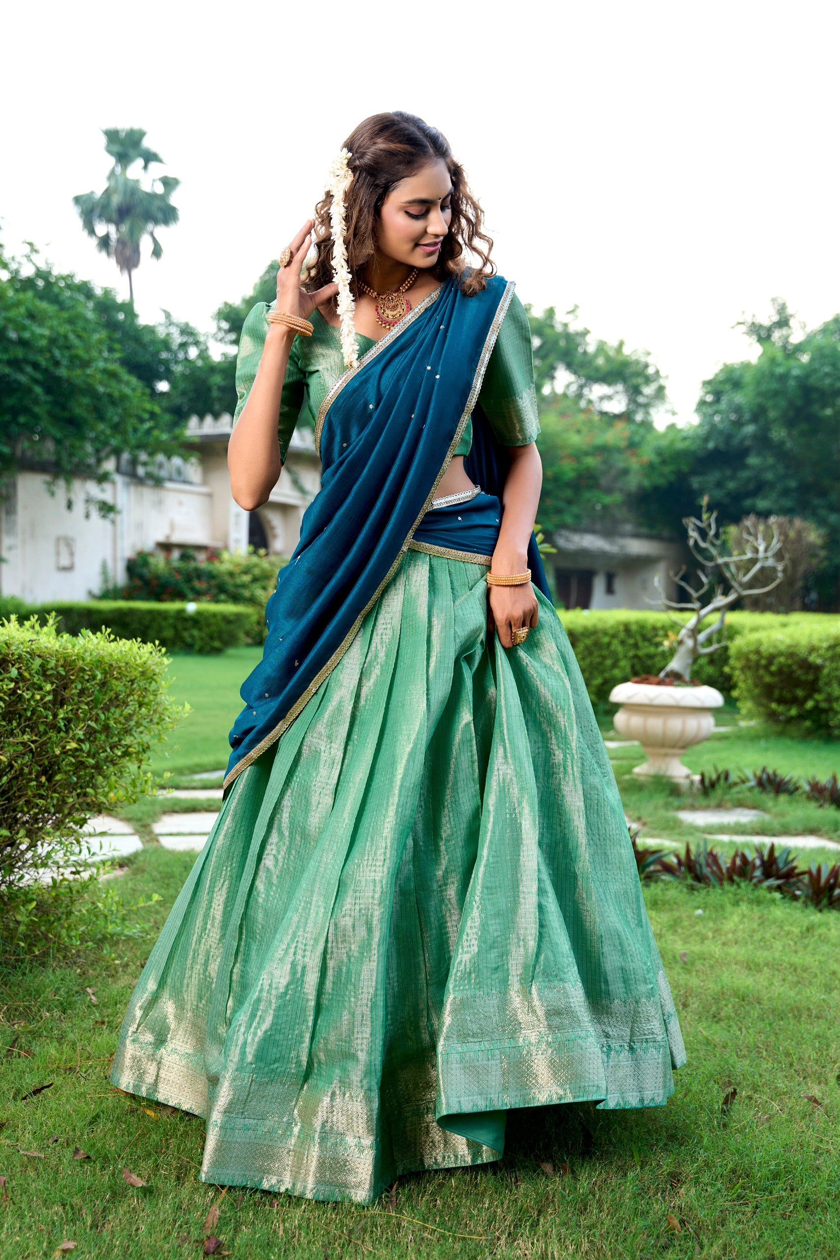 Pista Green Kanchipuram Silk Lehenga with Traditional Gold Zari Weaving Work