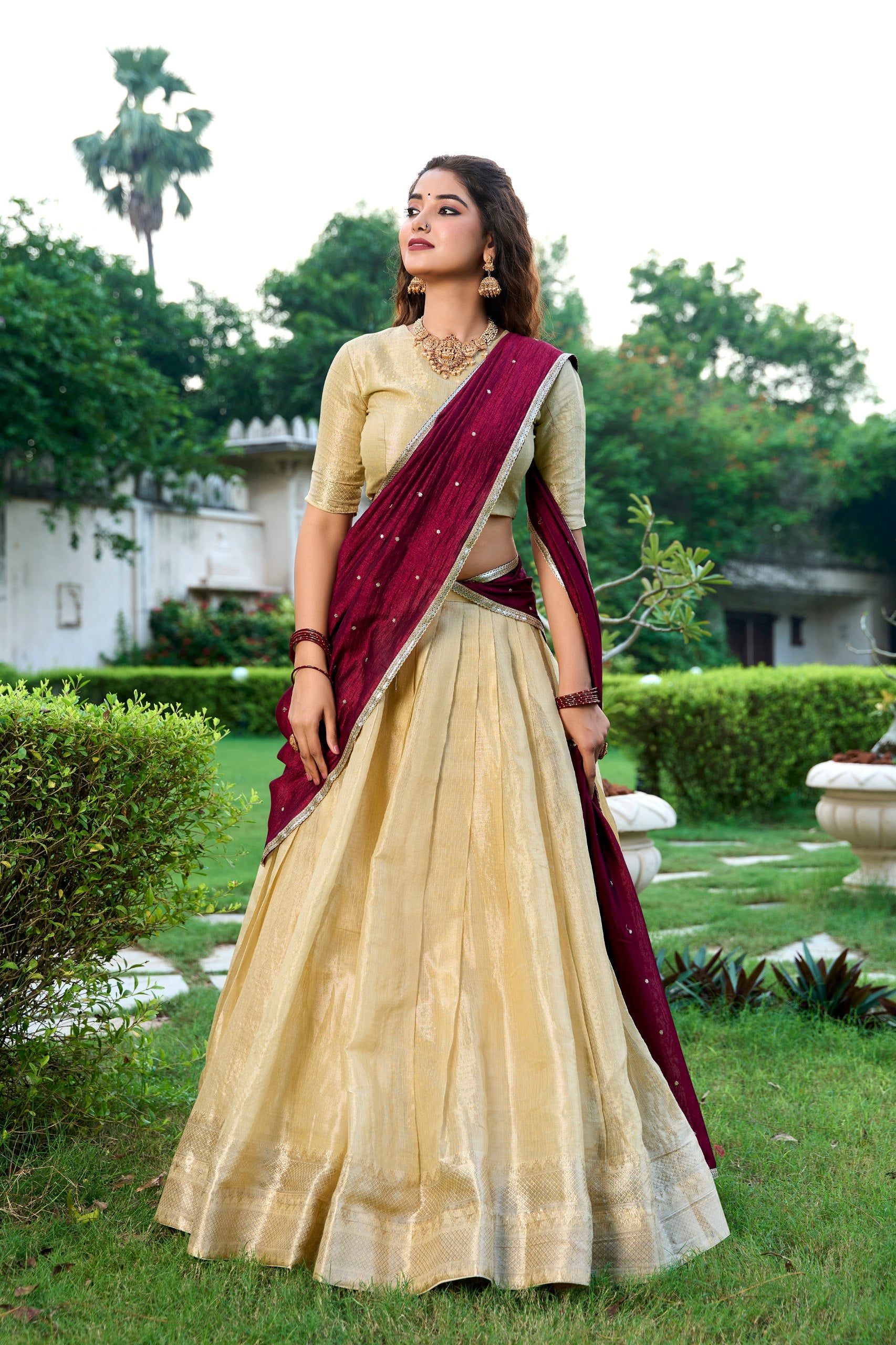 Cream Kanchipuram Silk Lehenga with Gold Zari Weaving and 3.8m Flair by The Beauty Queen Surat