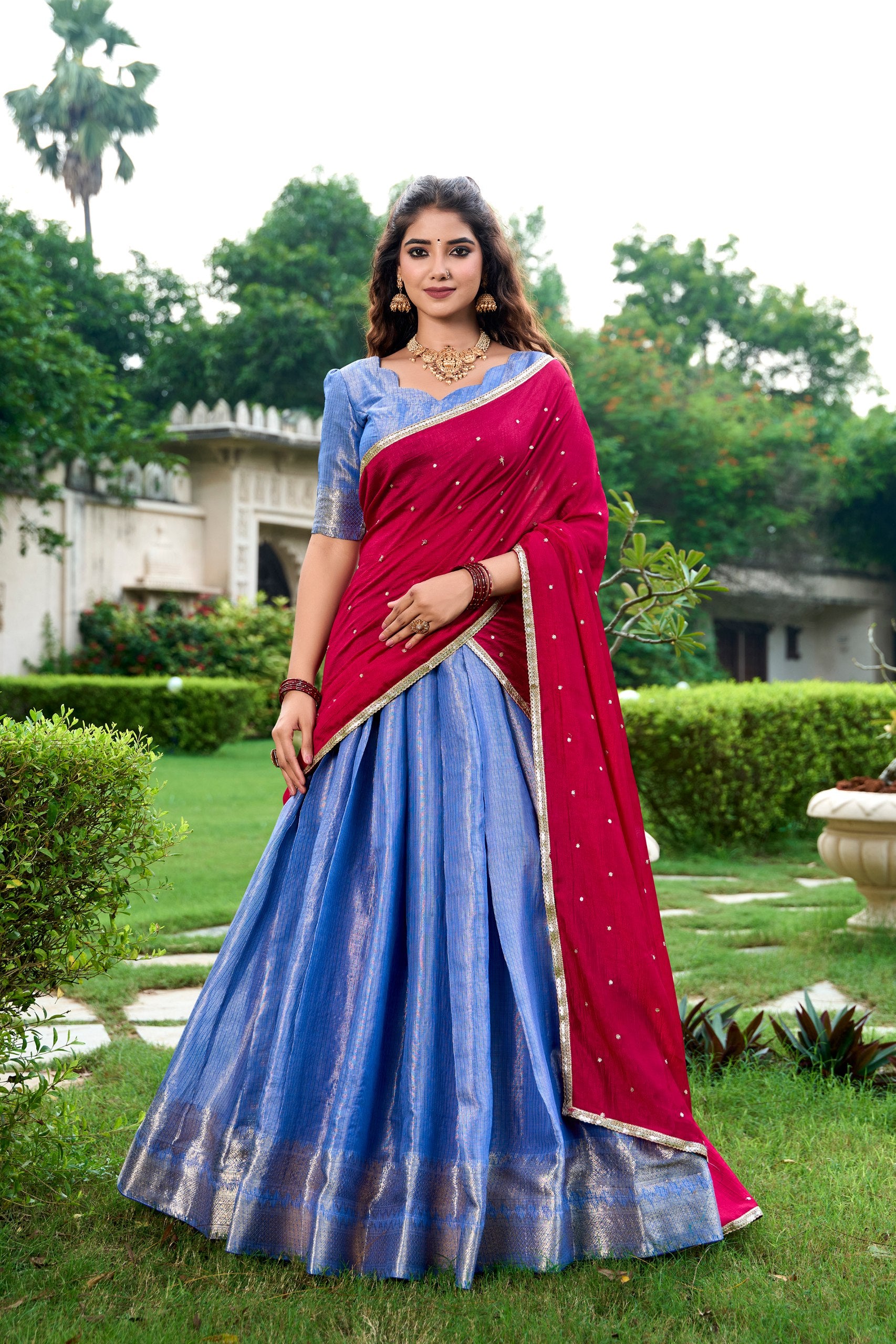 Royal Blue Kanchipuram Silk Lehenga with Gold Zari Weaving and 3.8m Flair by The Beauty Queen Surat