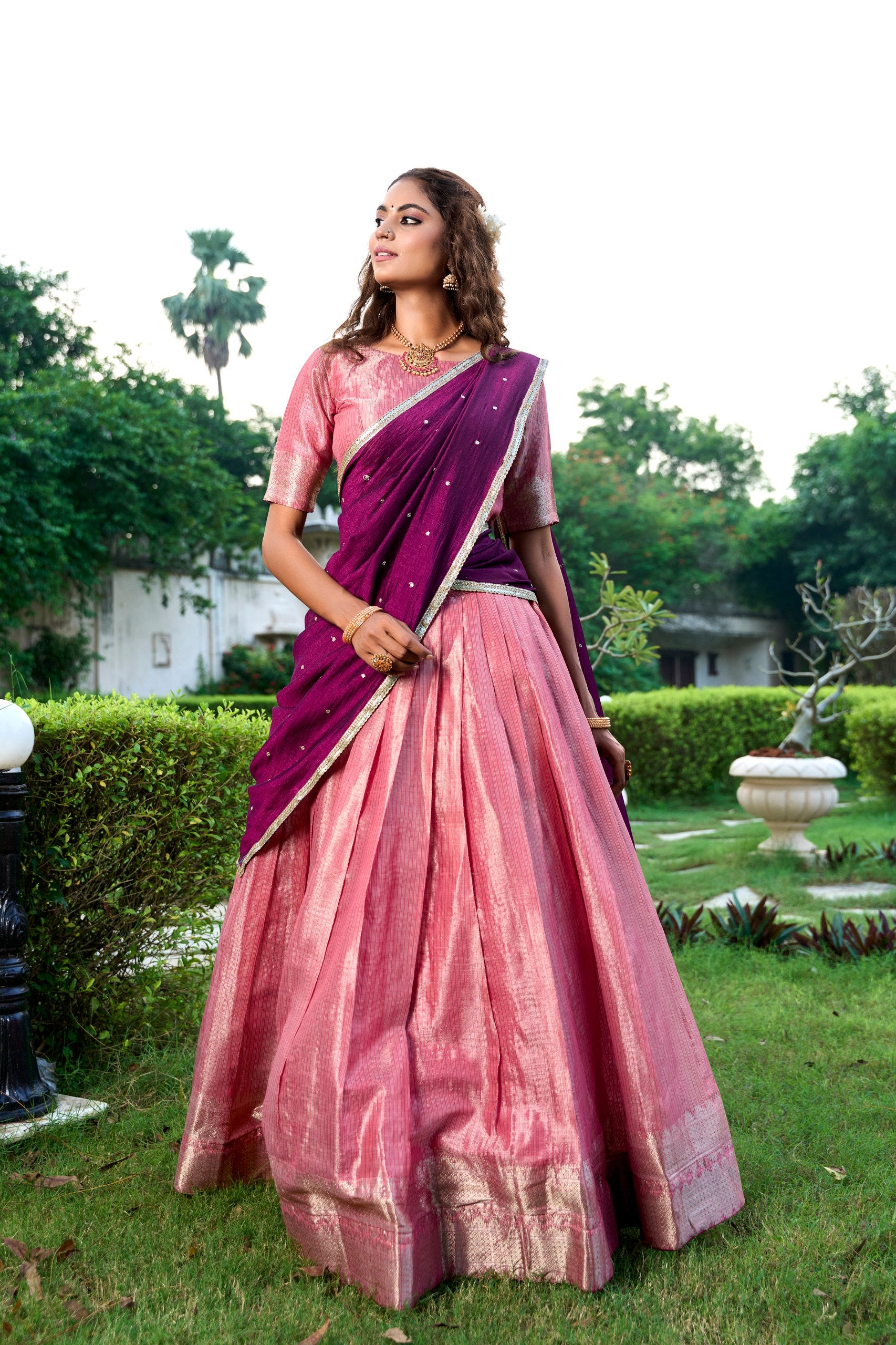 Metallic Onion Pink Kanchipuram Silk Lehenga with Traditional Gold Zari Weaving Work