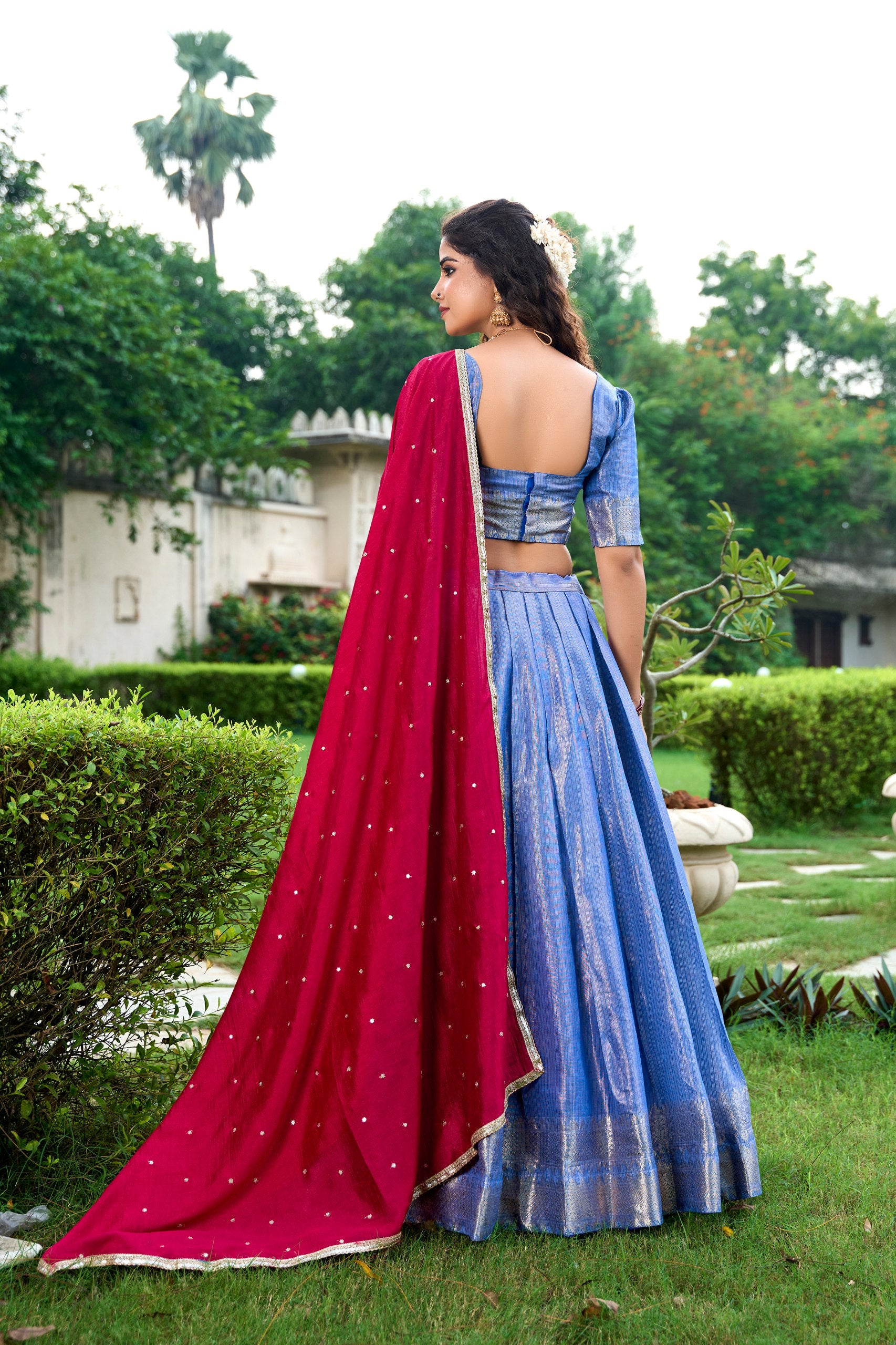 Royal Blue Kanchipuram Silk Lehenga with Traditional Gold Zari Weaving Work