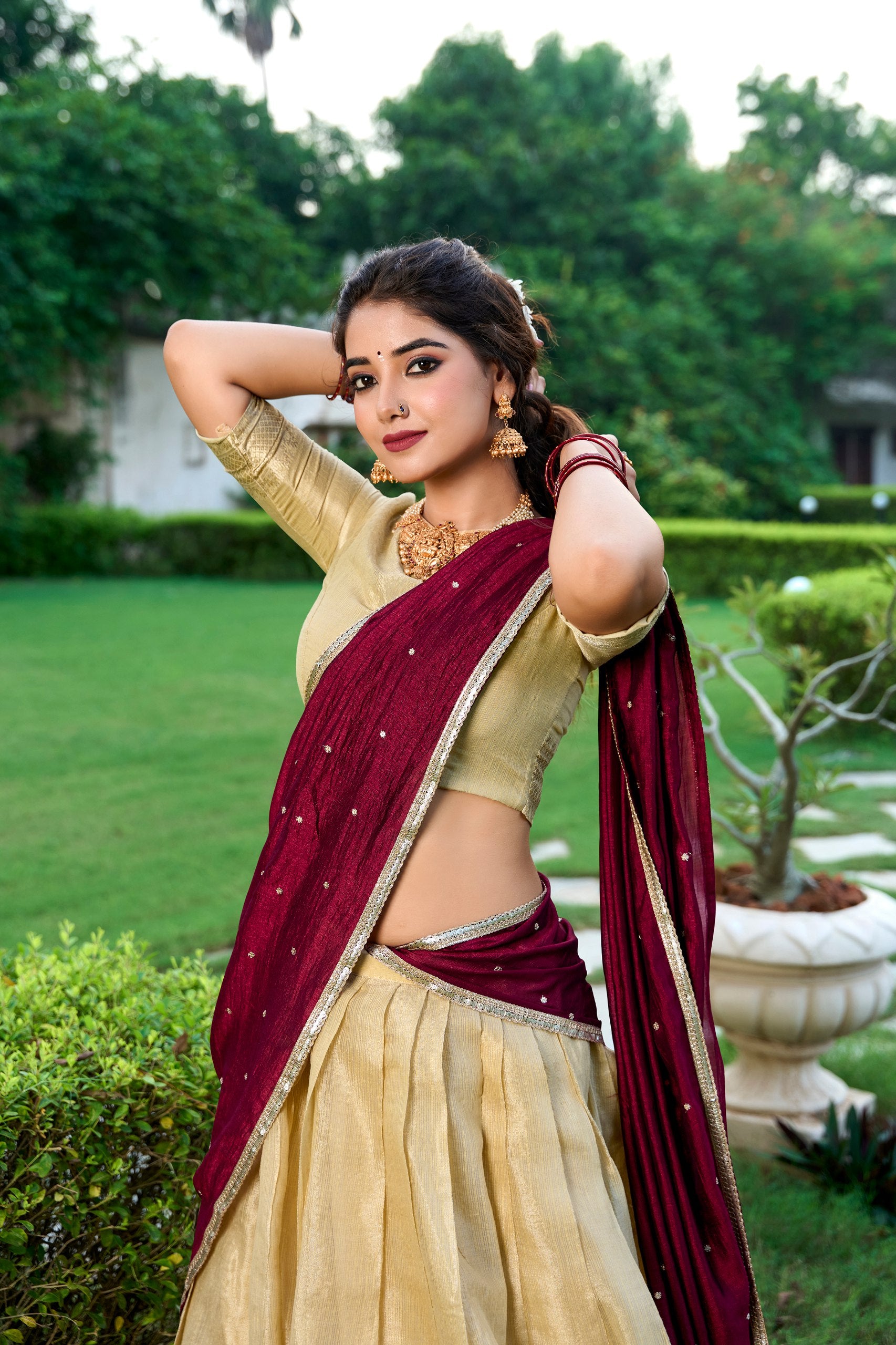 Cream Kanchipuram Silk Lehenga with Traditional Gold Zari Weaving Work