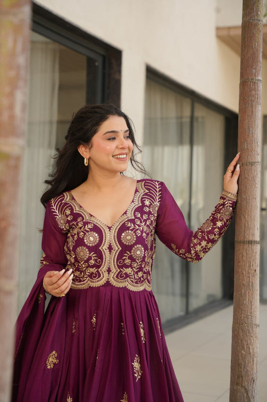 Wine Star Georgette With Sequins Zari Embroidered Work Gown