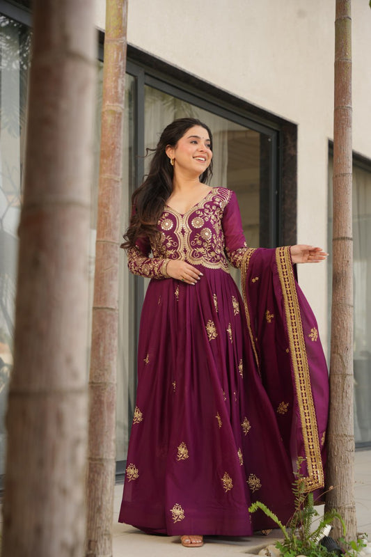 Wine Star Georgette With Sequins Zari Embroidered Work Gown