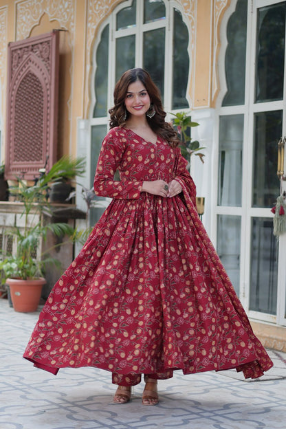 Maroon Pure Cotton Readymade Kurti With Pant Dupatta Set