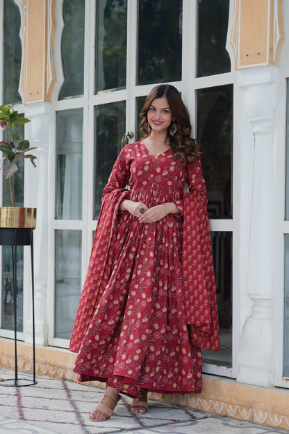 Maroon Pure Cotton Readymade Kurti With Pant Dupatta Set
