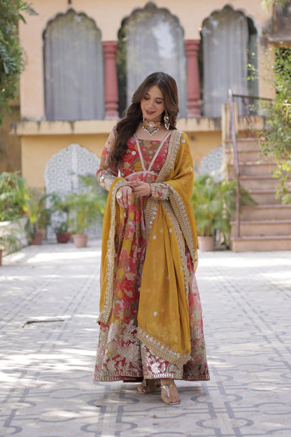 Pink Multicolor Digital Printed Russian Silk With Foil Embroidery Zari Sequins Work Gown