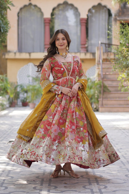 Pink Multicolor Digital Printed Russian Silk With Foil Embroidery Zari Sequins Work Gown