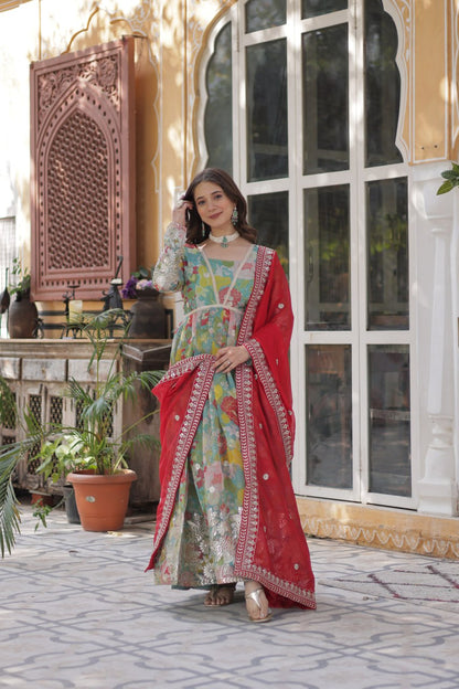 Blue Multicolor Digital Printed Russian Silk With Foil Embroidery Zari Sequins Work Gown