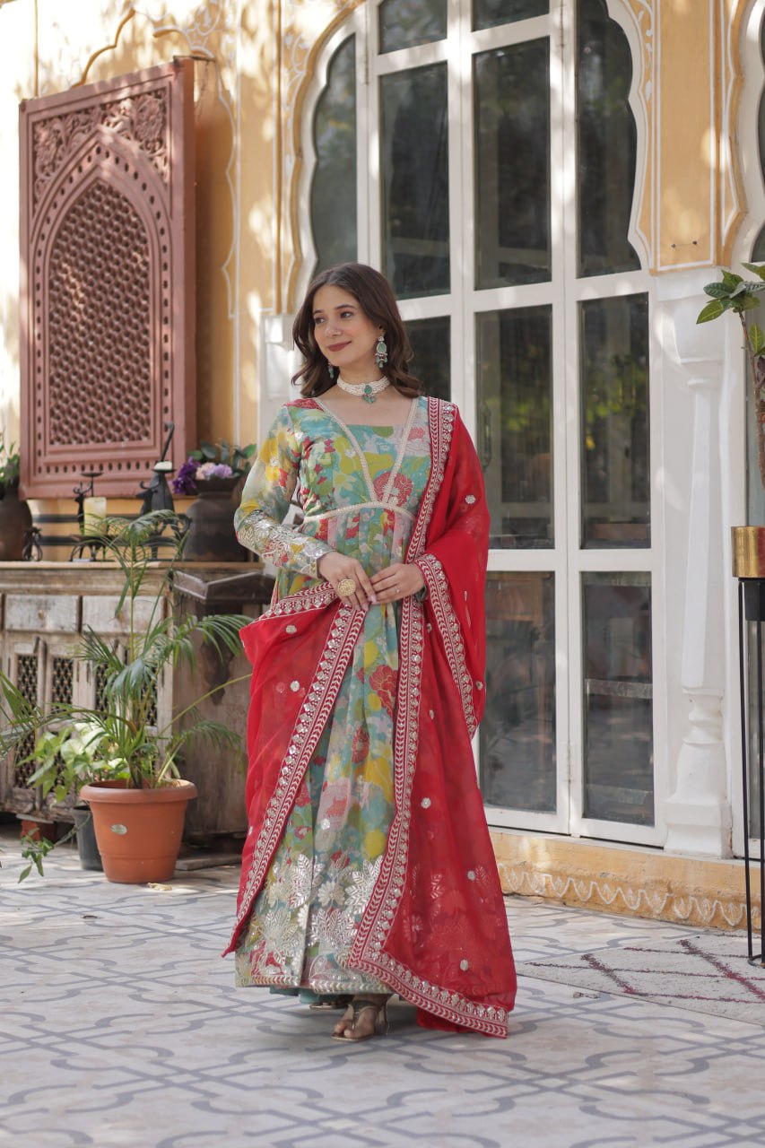 Blue Multicolor Digital Printed Russian Silk With Foil Embroidery Zari Sequins Work Gown