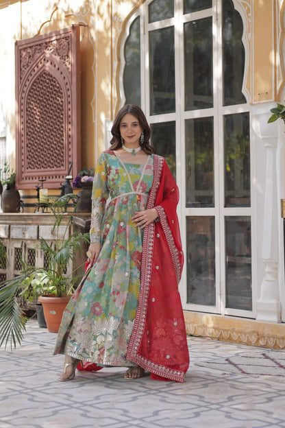 Blue Multicolor Digital Printed Russian Silk With Foil Embroidery Zari Sequins Work Gown