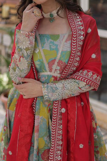 Blue Multicolor Digital Printed Russian Silk With Foil Embroidery Zari Sequins Work Gown