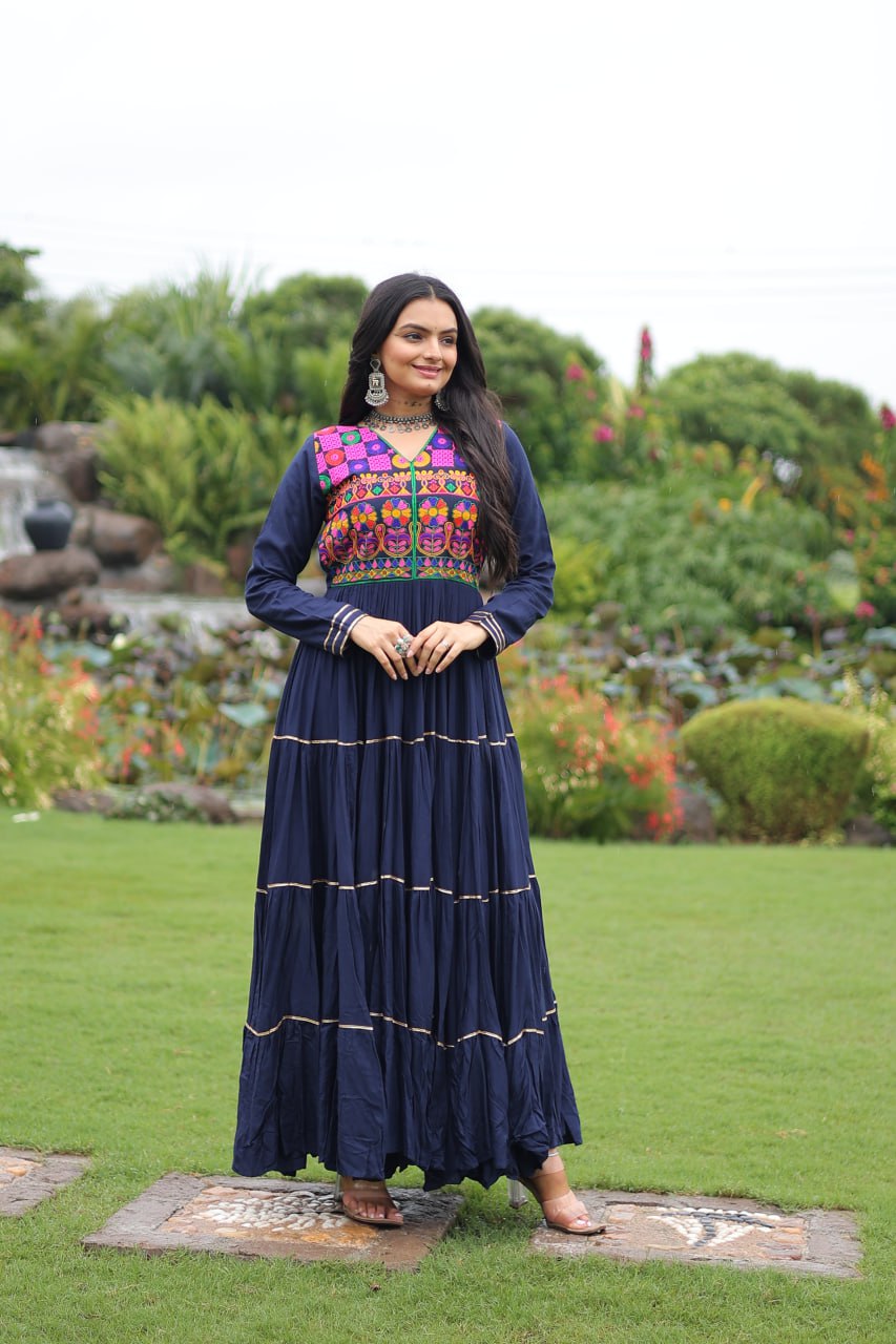 Navy Blue Colored Reyon Attractive Navratri Special Gown