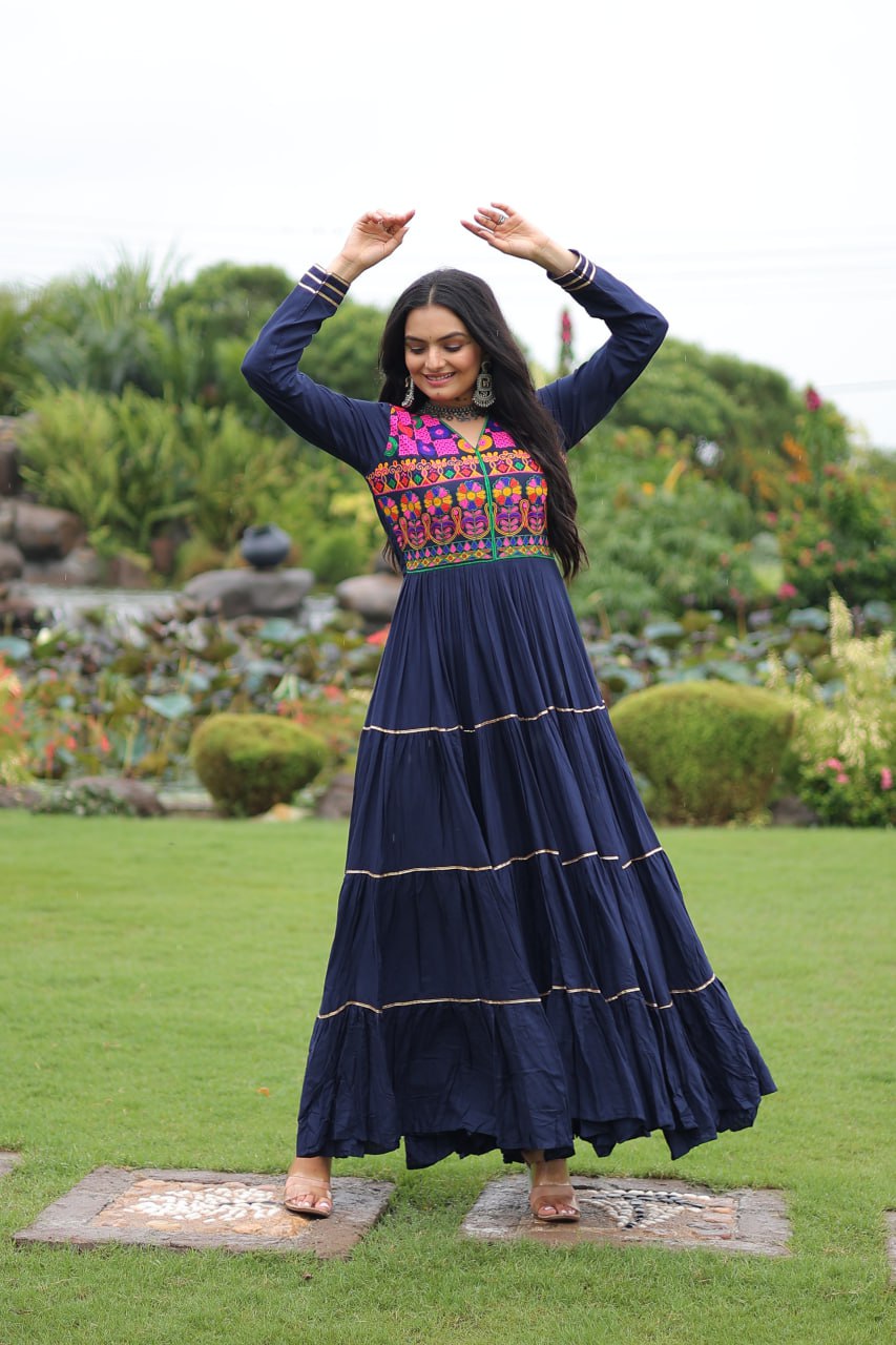Navy Blue Colored Reyon Attractive Navratri Special Gown