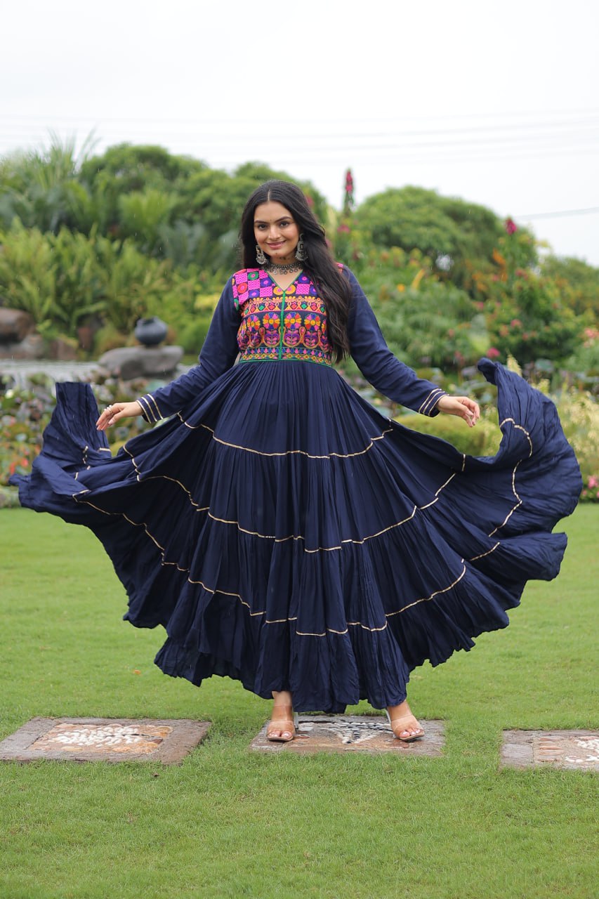 Navy Blue Colored Reyon Attractive Navratri Special Gown