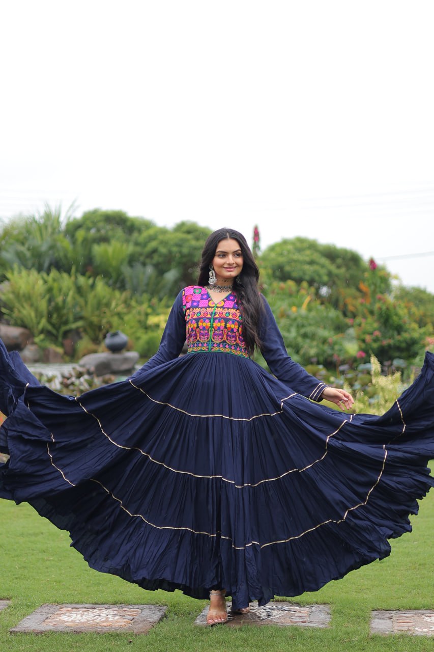 Navy Blue Colored Reyon Attractive Navratri Special Gown