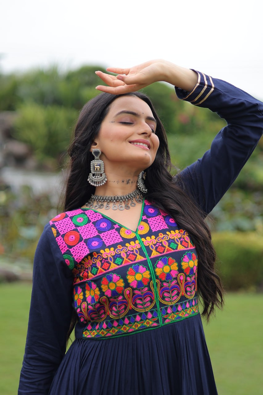 Navy Blue Colored Reyon Attractive Navratri Special Gown