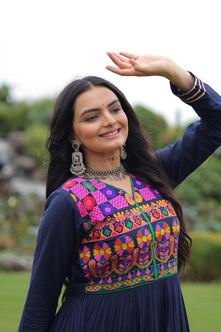 Navy Blue Colored Reyon Attractive Navratri Special Gown