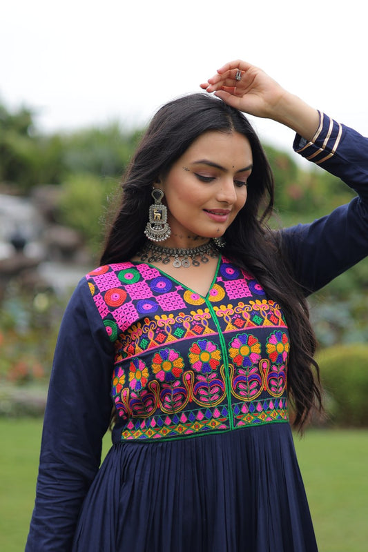 Navy Blue Colored Reyon Attractive Navratri Special Gown