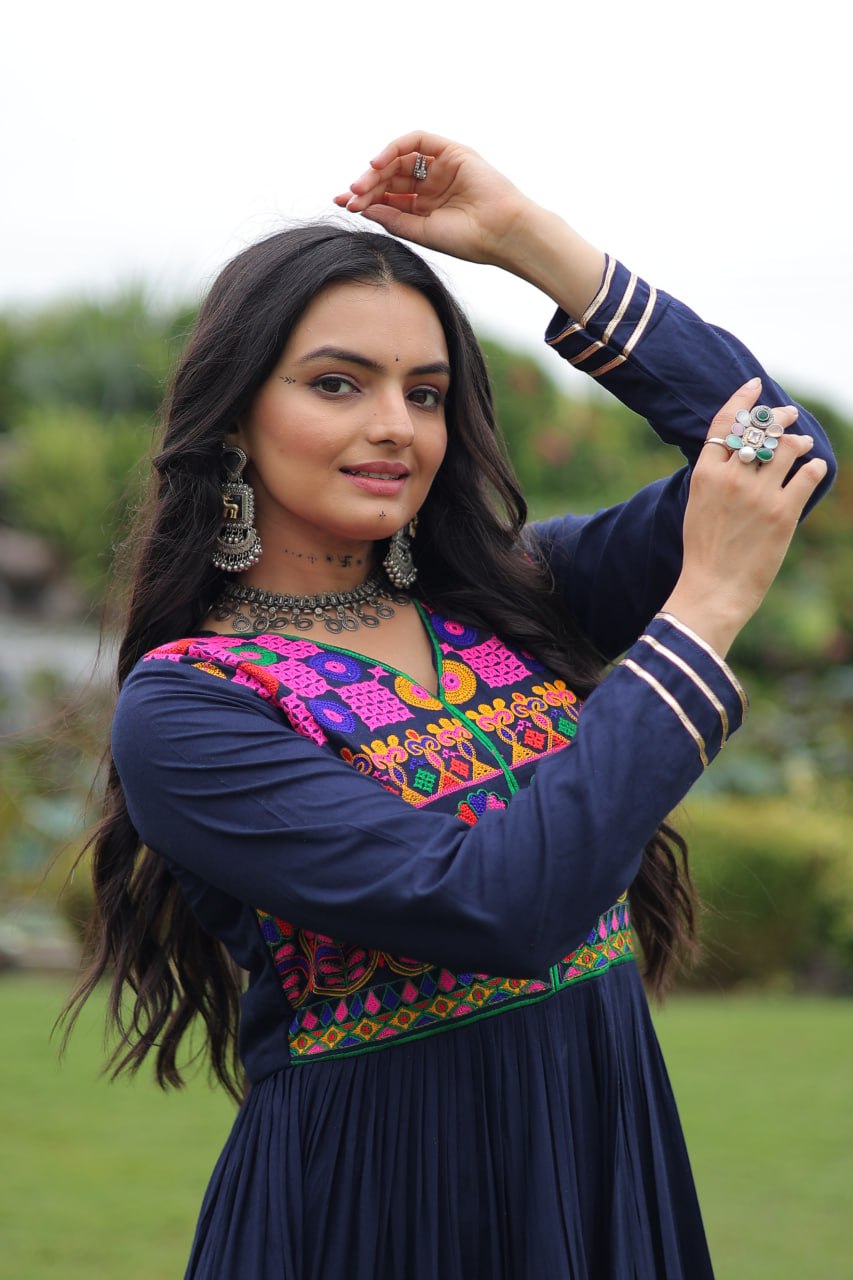 Navy Blue Colored Reyon Attractive Navratri Special Gown