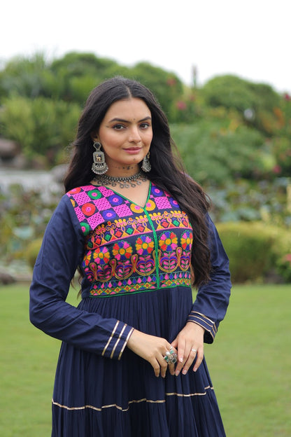 Navy Blue Colored Reyon Attractive Navratri Special Gown