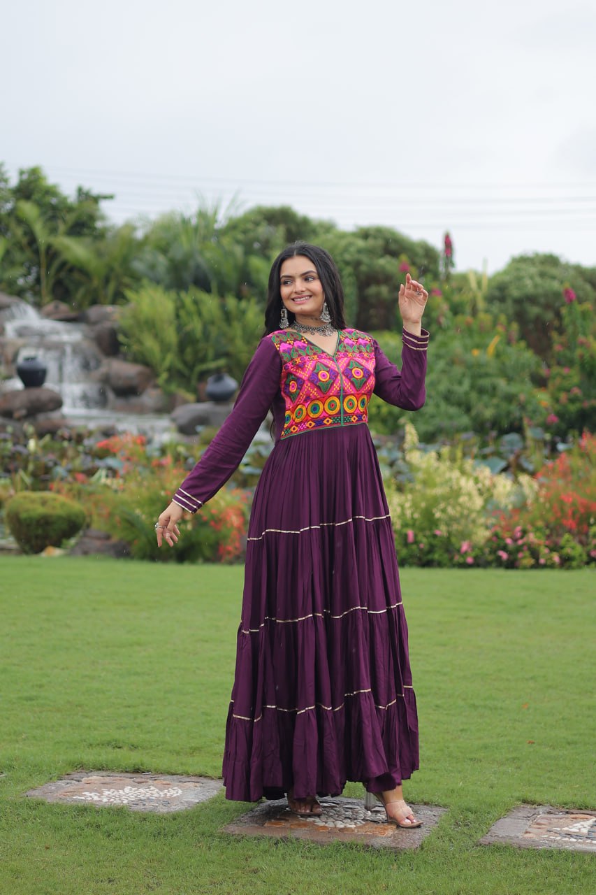 Wine Colored Reyon Attractive Navratri Special Gown