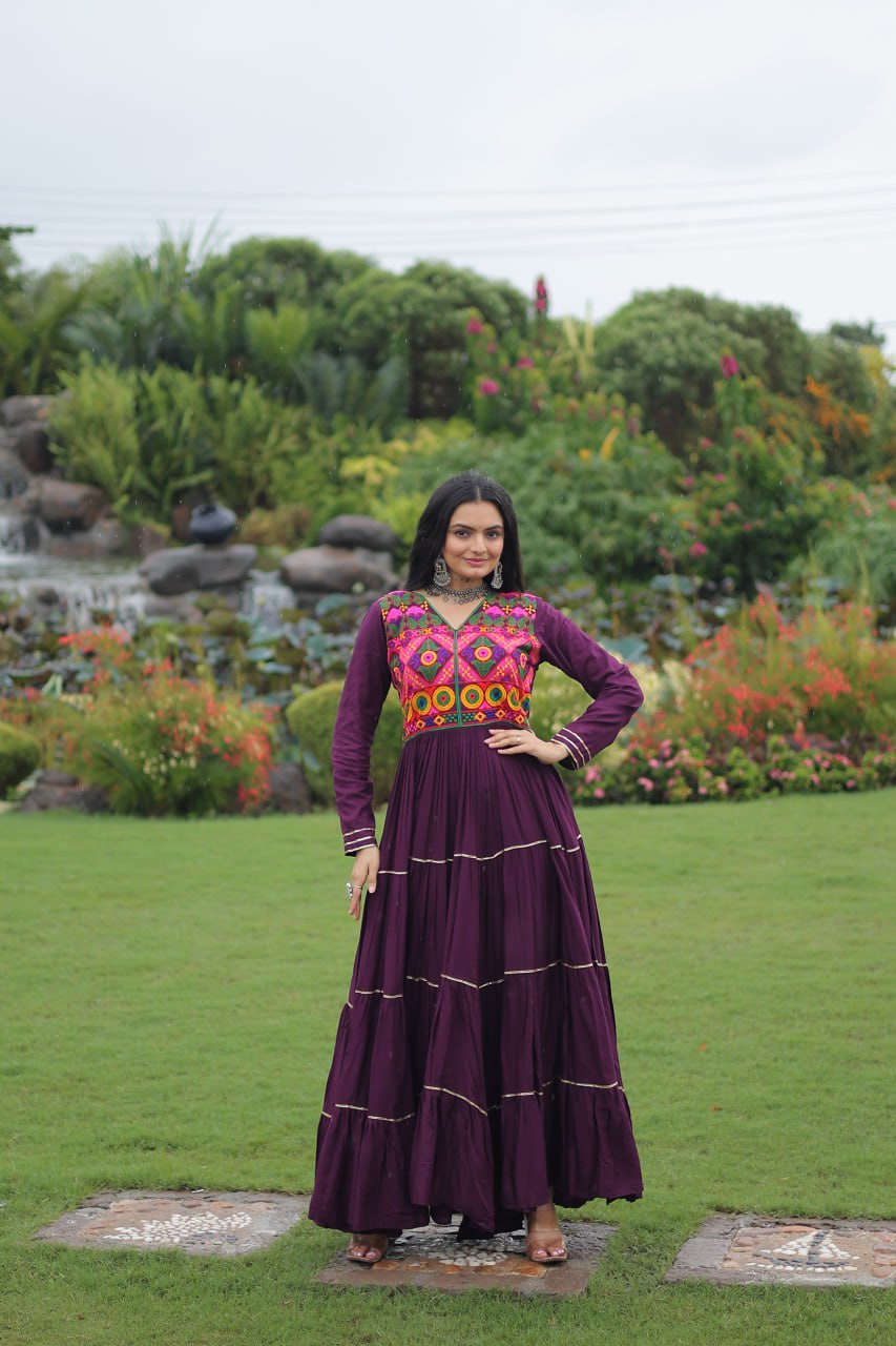 Wine Colored Reyon Attractive Navratri Special Gown