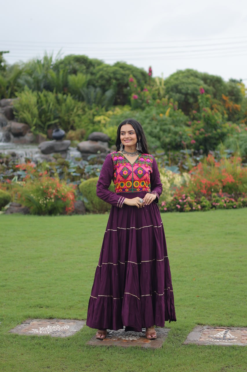 Wine Colored Reyon Attractive Navratri Special Gown