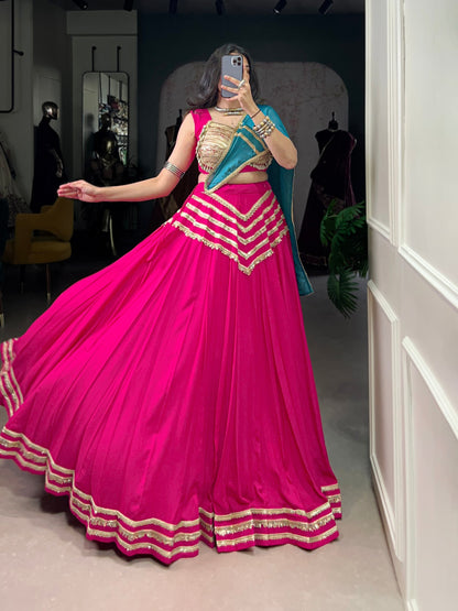Pink Pure Rayon Sequins Lace With Kodi Work Navaratri Lehenga Choli