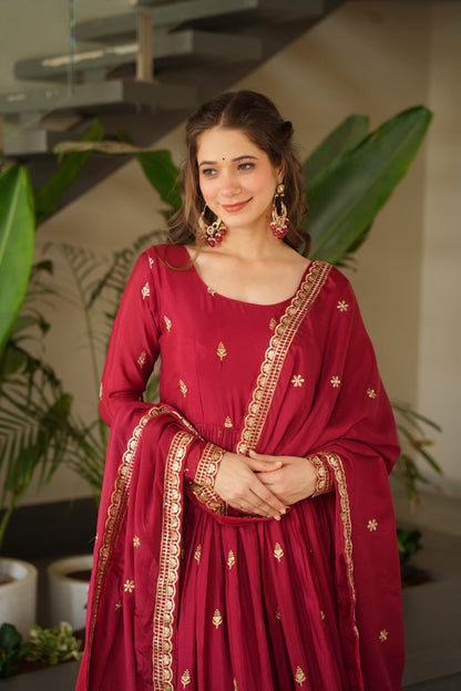 Maroon Embroidery Zari Sequins Round Neck Work Gown